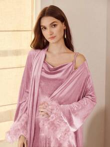 MOTF PREMIUM VELVET SOLID FEATHER CUFF BELL SLEEVE BELTED ROBE & DRAPED SLIP CAMI NIGHT DRESS - Pink - View 6