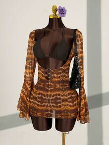 Zestiva New Leopard Print Sheer Halter Cutout Waist Metal Ring Flare Sleeve Sexy 3 PiecesSwimsuit - Multicolor - View 1