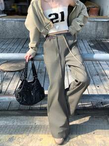 DAZY Women's Casual Korean Style Drawstring Waist Wide Leg Pants - Khaki - View 3