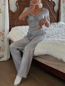 SHEIN Romantic V-Neck Ruffle Splice Black Polka Dot Print Grey Short Sleeve Pajama Set - Light Grey - View 6
