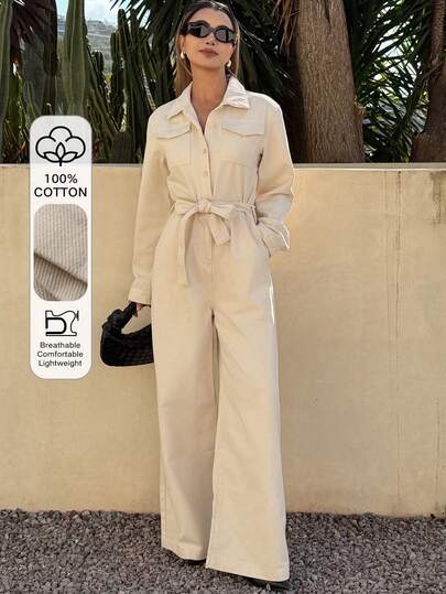 DAZY Damen Jumpsuit und Latzhose aus Jeans mit Kragen, Tasche und geraffter Taille, Lässig