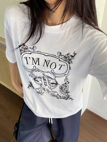 DAZY Áo thun nữ tay ngắn cổ tròn in hoa, dáng rộng, thoải mái, thích hợp mặc công sở, mùa xuân/hè. - trắng - Xem 4