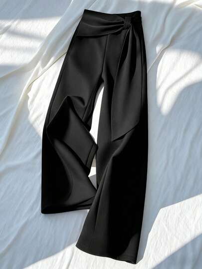 GlowEve Black Ribbon Straight Leg Elegant Women's Suit Pants
