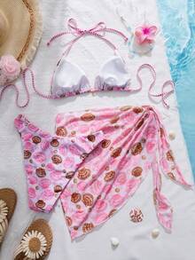 Swim Mod Conjunto de bikini de 3 piezas con estampado de rayas de concha aleatoria, triángulo halter, con cobertor de sarong de malla triangular, adecuado para vacaciones en la playa - Multicolor - Ver 2