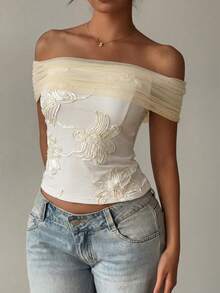 Aloruh Women's Solid Color Mesh Patchwork Embroidered Elegant Off-Shoulder Top - Apricot - View 5