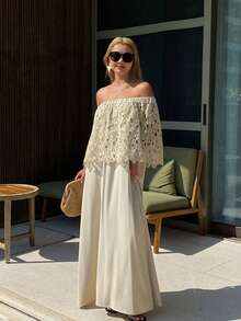 DAZY 撞色蕾丝露肩连衣裙，优雅假日风，春秋季 - 杏色 - 查看 5