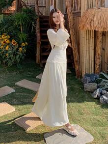 DAZY Conjunto de blusa de gasa con parches de encaje de estilo coreano y vestido casual de estilo coreano de largo medio - Beis - Ver 1