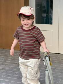 DAZY Toddler Boys' Round Neck Striped Korean Style T-Shirt, Spring/Summer - Coffee Brown - View 1