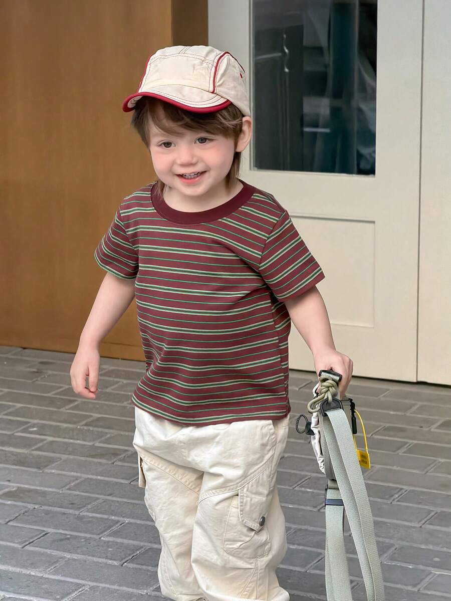 DAZY Toddler Boys' Round Neck Striped Korean Style T-Shirt, Spring/Summer - Coffee Brown - View 1