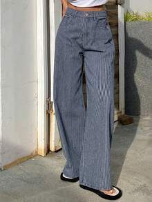 Livesso Women's Loose Casual Straight Leg Jeans, Fashionable Striped Design For Business Casual Office Wear, Spring/Summer - Dark Wash - View 8