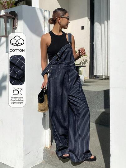 Livesso Spring & Summer Loose Casual Vacation Style Fashion Street Narrow Stripe Contrast Color Patchwork Design Big Pocket Metal Buckle Decor Denim Jeans, Denim Overalls, And Jumpsuit
