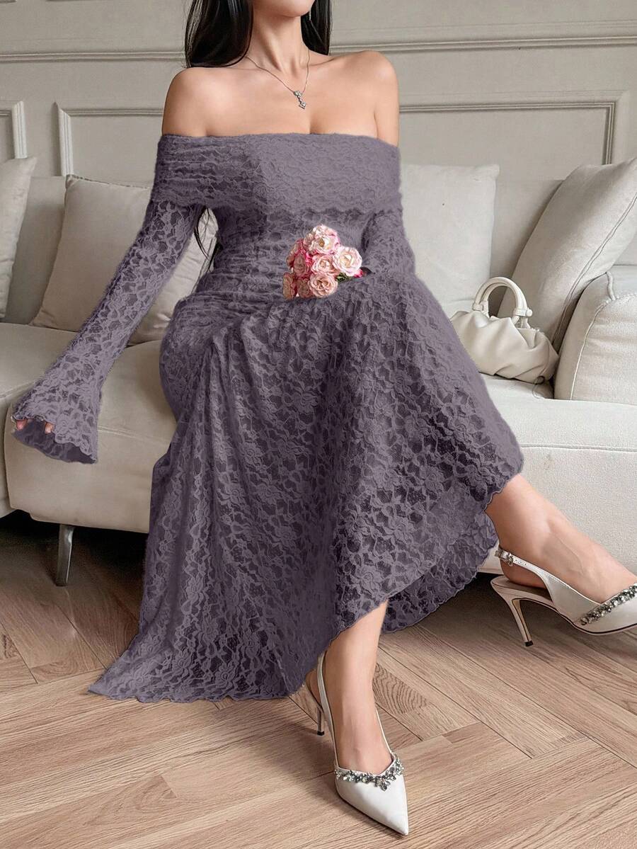 DAZY Women's Elegant Lace Off Shoulder Flare Sleeve Fishtail Dress, Spring/Summer - Bold Plum - View 1