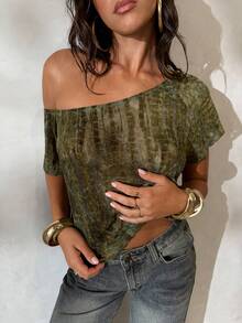 Aloruh 女士春夏新款上衣，Y2K性感透视宽松T恤，植绒印花，斜肩设计，适合夏季穿着。夏季服装，夏季穿搭，夏季度假装，夏季上衣，女士夏季上衣，单肩上衣，单袖上衣，休闲上衣，夏季波西米亚风女装上衣，单肩上衣，单侧上衣，夏季女士上衣 - 綠色 - 查看 11