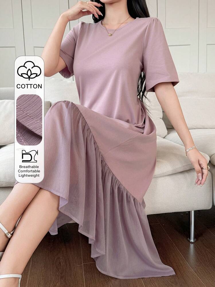 Women's Elegant Patchwork Ruffle Trim Round Neck Midi Dress Wedding Guest Dress Summer Sundress