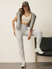 SHEIN Dewbera Solid Color Casual Slim-Fit High Waist Seamless Textured Leggings - Light Grey - View 5
