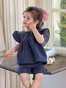 DAZY 女童春夏牛仔风荷叶边无袖上衣短裤两件套 - 藍色 - 查看 1