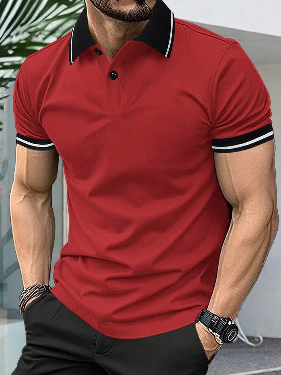 Calvornis 男士拼色短袖高爾夫 Polo 衫,紅黑條紋滾邊,夏季休閒百搭通勤上衣,老錢風,適合戶外活動與正式場合 - 紅色 - 查看 1