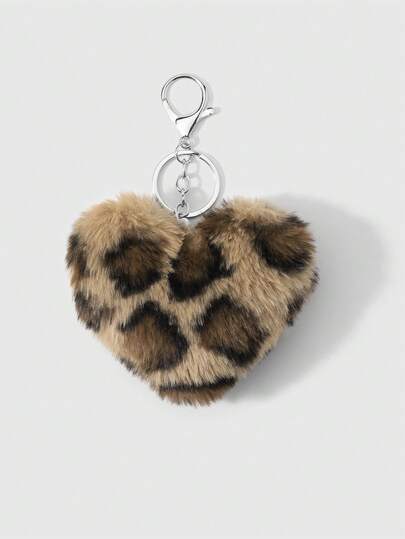 ROMWE Kawaii 2pcs/Set Chic Leopard & Heart Shape Faux Fur Keychain, Fashionable Accessories Suitable For Couples, Sisters Daily Wear, Holiday Gift
