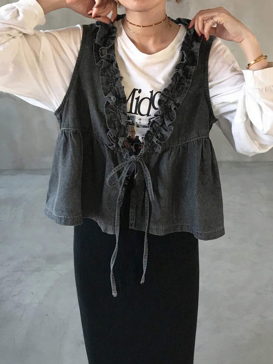 FRIFUL 女士休闲水洗牛仔无袖上衣，荷叶边下摆，系带