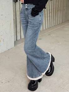 FRIFUL Jeans acampanados de mujer con lavado y deshilachado casual - Azul - Ver 3