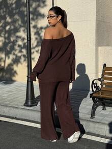 Muchica Plus Size Asymmetric Collar Long Sleeve Sweatshirt And Pants Casual Suit - Brown - View 2