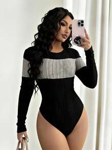 SHEIN LUNE Women's Elegant Color Block Round Neck Long Sleeve Ribbed Bodysuit - Black - View 1
