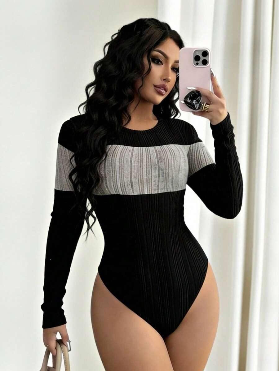 SHEIN LUNE Women's Elegant Color Block Round Neck Long Sleeve Ribbed Bodysuit - Black - View 1