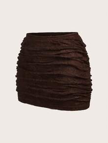 SHEIN EZwear Chân váy ôm sát gợi cảm nhiều lớp màu nâu ren hoa dệt kim dành cho nữ, thích hợp cho mùa xuân/hè. - màu nâu - Xem 3