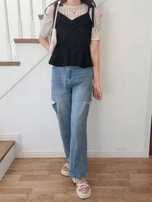 FRIFUL Women's Pleated Shoulder Tie Ruffle Hem Solid Color Camisole - Black - View 6