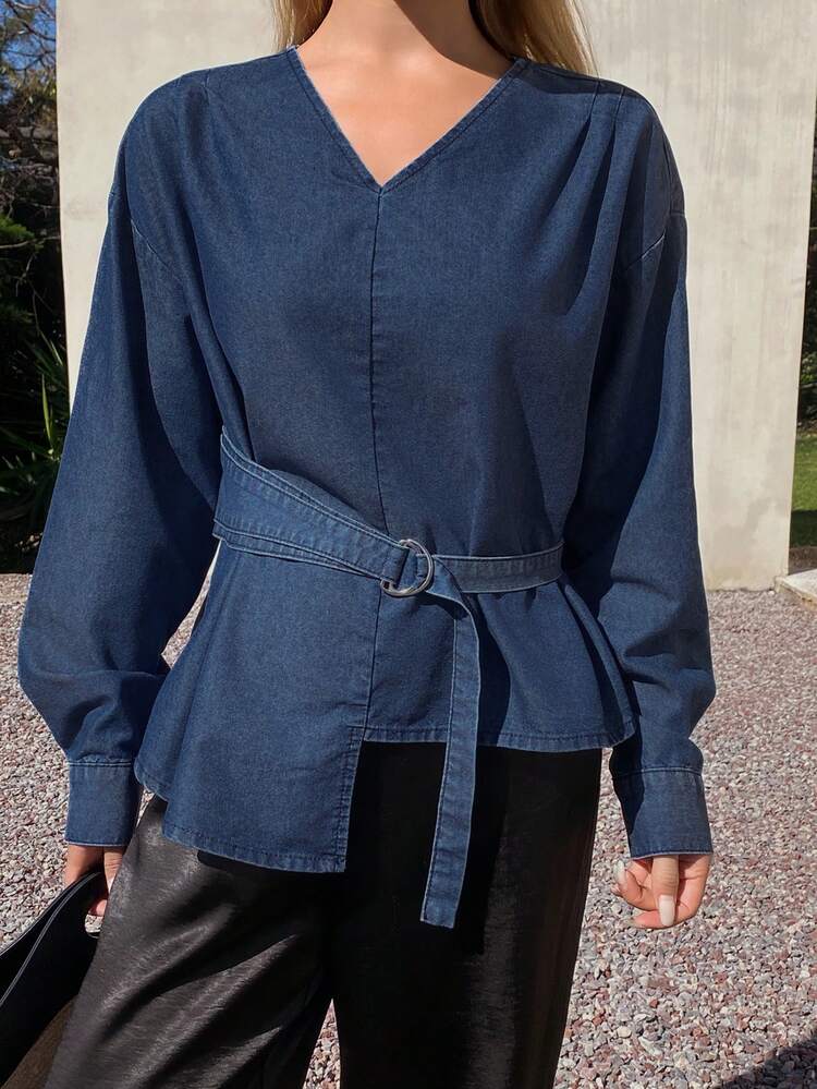 Women's V-Neck Long Sleeve Loose Waist Belt Decor Cinched Casual Denim Blouse