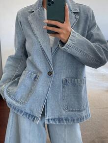 DAZY 女士翻领宽松都市休闲西装外套和牛仔外套 - 淺色水洗藍 - 查看 7