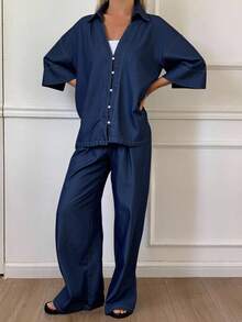 Livesso Women's Casual Denim Shirt Collar Short Sleeve Top And Pants Set - Dark Wash - View 4