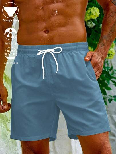 Manfinity Swimmode Men's Solid Color Drawstring Waist Beach Shorts, Summer Vacation (Printed Irregular)