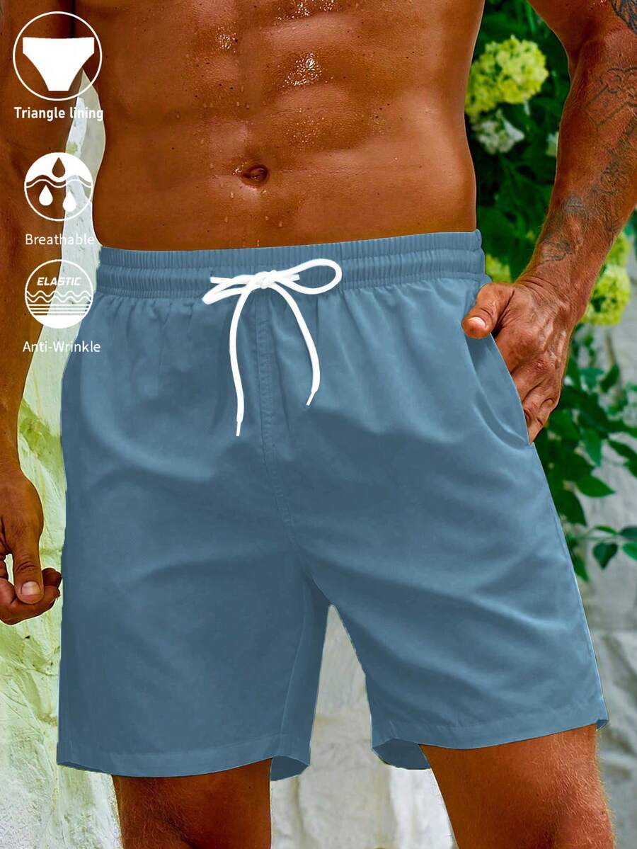 Manfinity Swimmode Men's Solid Color Drawstring Waist Beach Shorts, Summer Vacation (Printed Irregular)