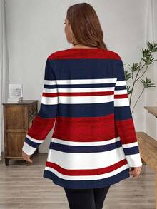 EMERY ROSE Casual Minimalist Colorblock Striped Round Neck Plus Size T-Shirt, Autumn/Winter Patriotic Women Red White And Blue Women Nautical For Women Red White And Blue Top Striped Long Sleeve T-Shirt - Multicolor - View 2