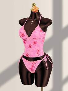 Zestiva Women's Summer Vacation Beach Floral Print Halter Tie Tankini Top Swimsuit Set - Multicolor - View 4