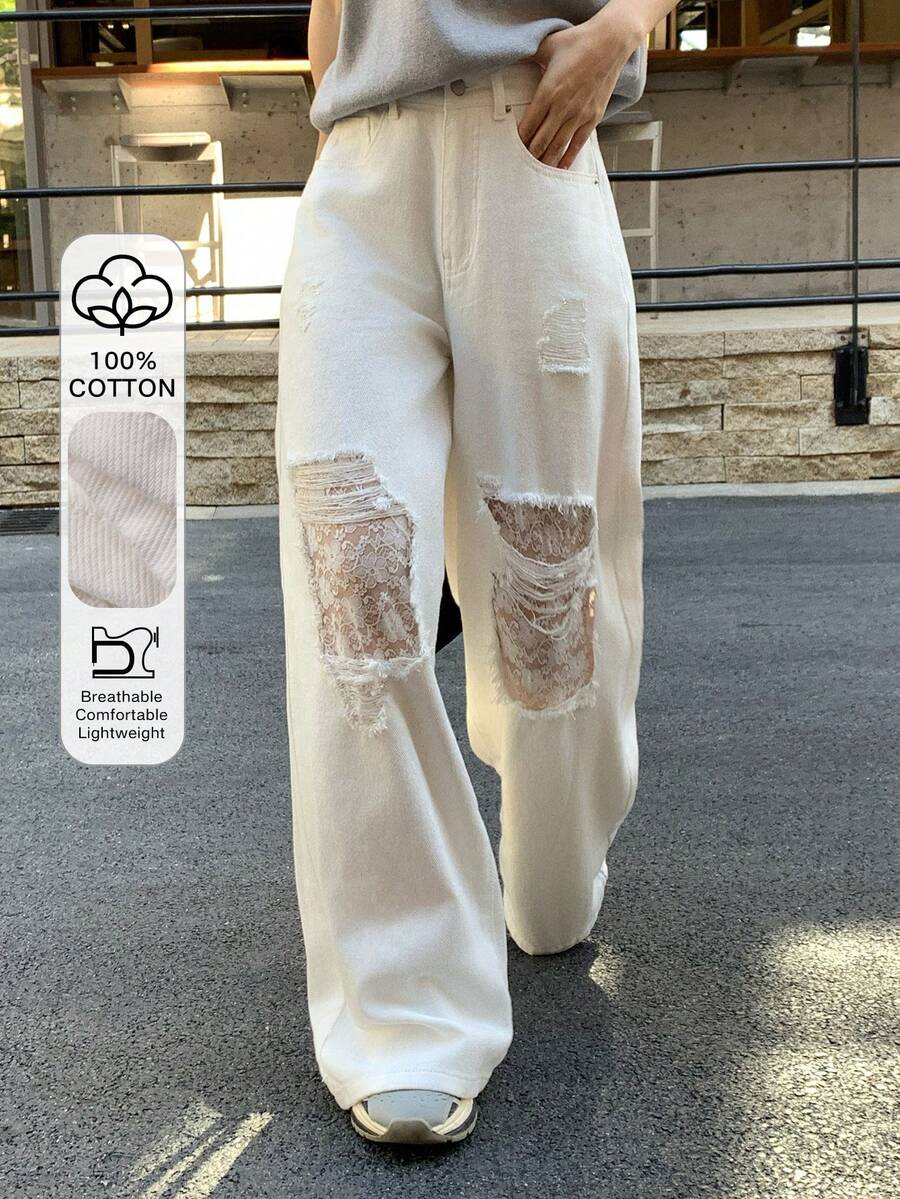 DAZY Women's Casual White Distressed Denim Jeans With Mesh Panels - White - View 1
