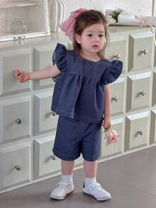 DAZY 女童春夏牛仔风荷叶边无袖上衣短裤两件套 - 藍色 - 查看 7