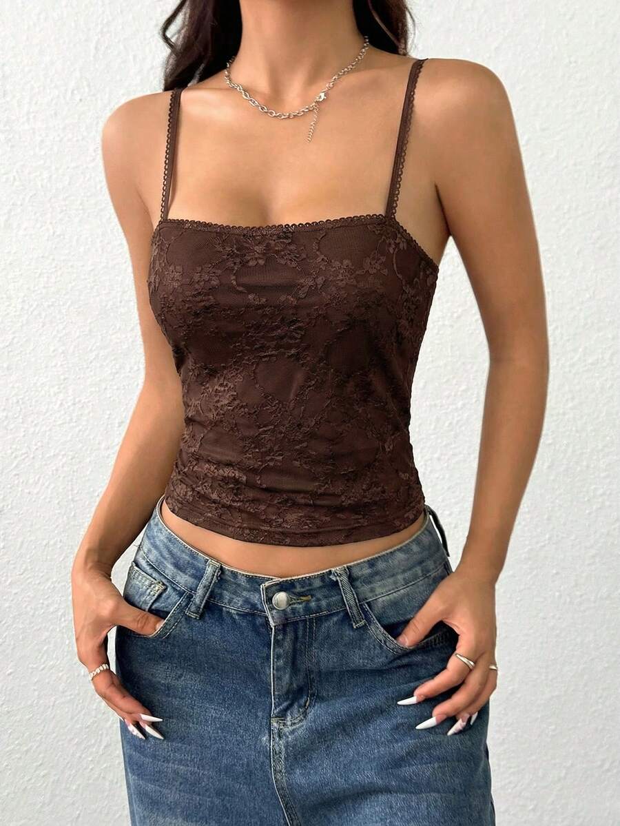 SHEIN EZwear 女士休闲棕色蕾丝修身吊带背心,夏季 - 棕色 - 查看 1