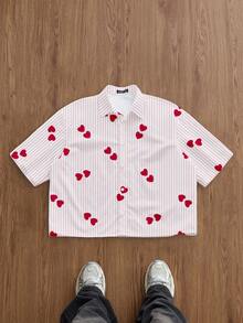 Manfinity Joysei Unisex Casual Striped Heart Cropped Shirt, Suitable For Couple Dates, Gift - Pink - View 1