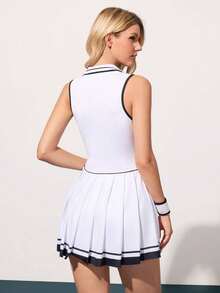 CourtClass 女士无袖半拉链休闲褶皱运动连衣裙，夏季 - 黑與白 - 查看 2