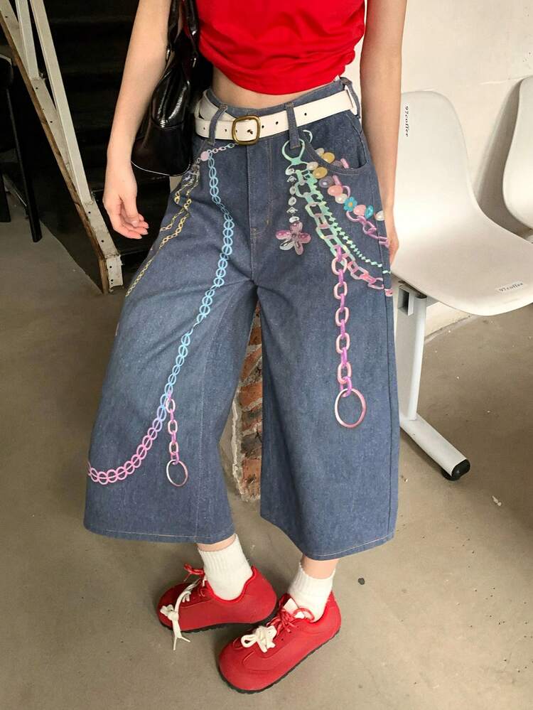 Women's Regular Waist Capri Chain Print Casual Jeans Jorts