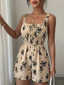 Breezaya Bộ jumpsuit nữ màu kaki họa tiết sóng, chất liệu vải in hoa, cạp chun, kiểu dáng ôm sát, phong cách thường ngày, thích hợp cho kỳ nghỉ lễ Phục Sinh, Ngày động, đi biển, làm trang phục giáo viên, du lịch, mùa xuân/hè. - Màu Khaki - Xem 3