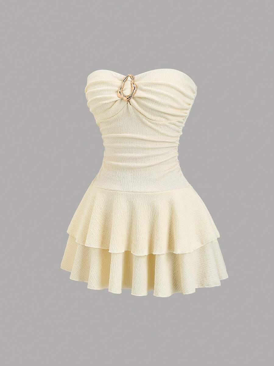 Sweetra Women's Elegant Strapless Tiered Cake Mini Dress - Apricot - View 1