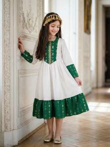 Sparklyn Sister Matching Long Sleeve Square Neck Flared A Line Polyester Dress For Tween Girls Geometric Arabian Style Vacation - Multicolor - View 12