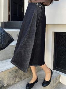 DAZY 西部牛仔风A字型长款牛仔裙，女士休闲款，春秋季 - 藍色 - 查看 8