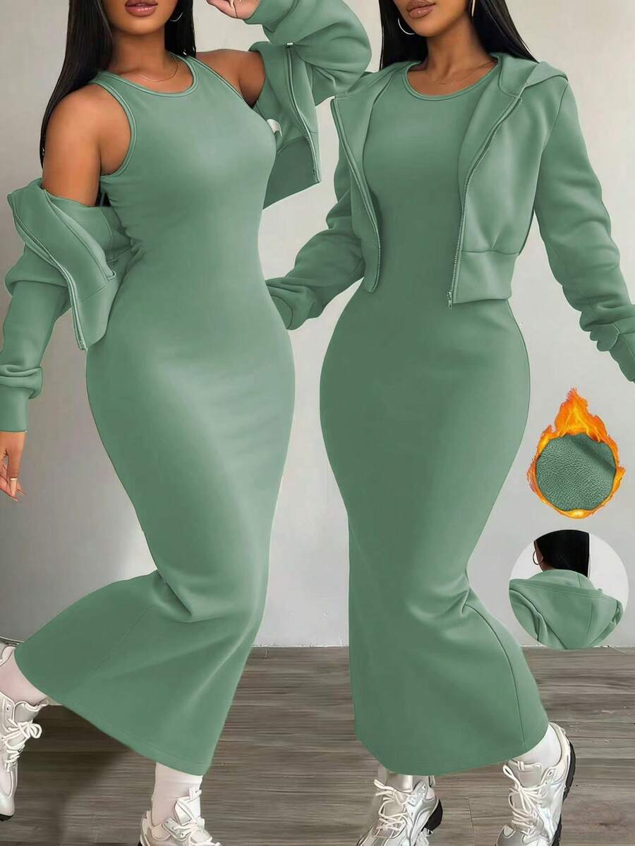 Rafferiza 两件套女士休闲连帽拉链外套，收腰设计，弹性针织露背连衣裙，保暖内衬，适合秋冬季节穿着。 - 綠色 - 查看 1