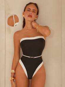 Swim Chiccia Women's Elegant Black & White Contrast Color Faux Pearl Elastic Waist Belt, Suitable For Pool & Beach - Black - View 1