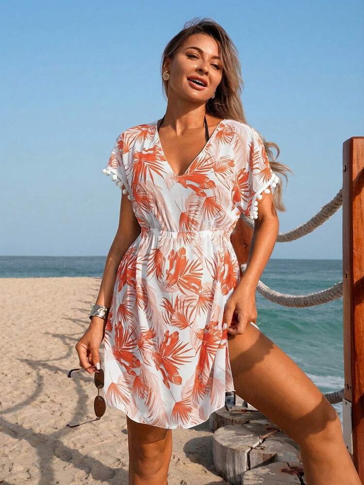 Swim Lushoire Cubrecuerpo de verano con cuello en V, manga corta, cintura ceñida, estampado floral y decoración de pompones para mujer - Multicolor - Ver 5