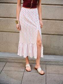 SHEIN Raffinéa Women's Retro Red & White Polka Dot Slit Skirt, High Waist Slimming Mermaid Hem Skirt, Flowy Elegant Office & Vacation Versatile Long Skirt